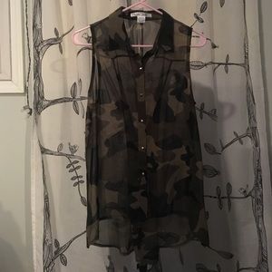 Sleeveless camo print sheer top with stud details